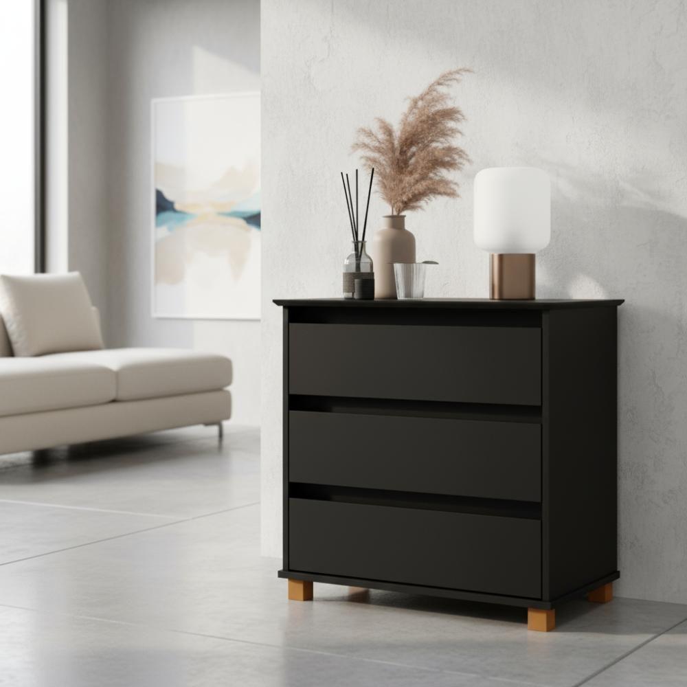Cômoda Compacta Para Escritório 3 Gavetas E Pés De Madeira - Preto - 1