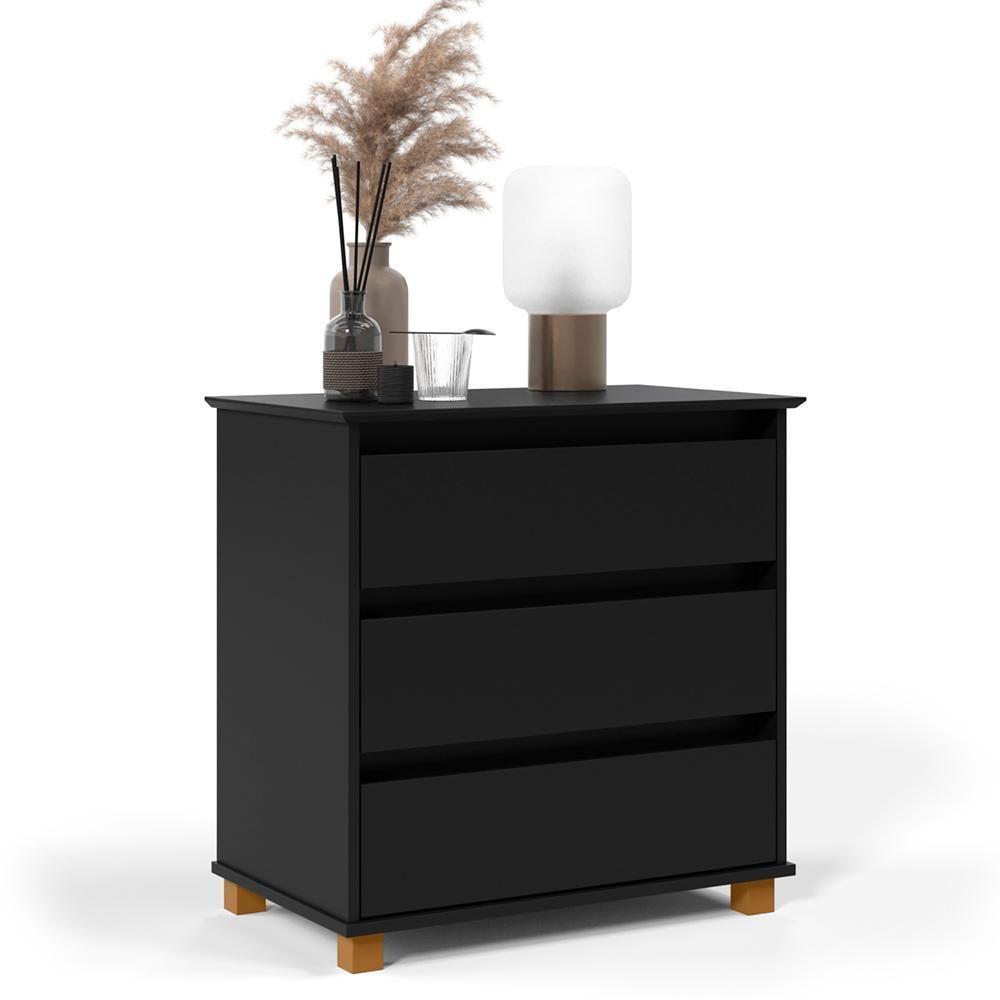 Cômoda Compacta Para Escritório 3 Gavetas E Pés De Madeira - Preto - 2