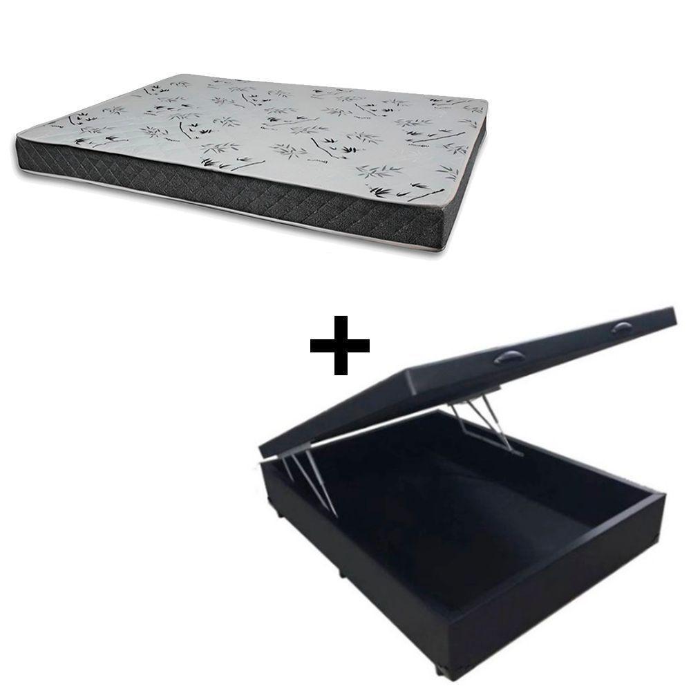 Cama Baú Box 128 Viúva Tecido Sintético Preto Com Colchão Miller - 100% Espuma - D33 Cinza 55x128x188 - 1