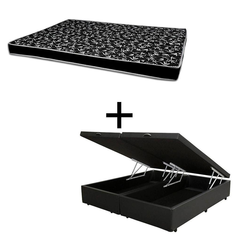 Cama Box Baú Casal 138 Bipartido Tecido Sintético Preto Com Colchão Hamburgo - 100% Espuma - D28 Preto 55x138x188 - 1