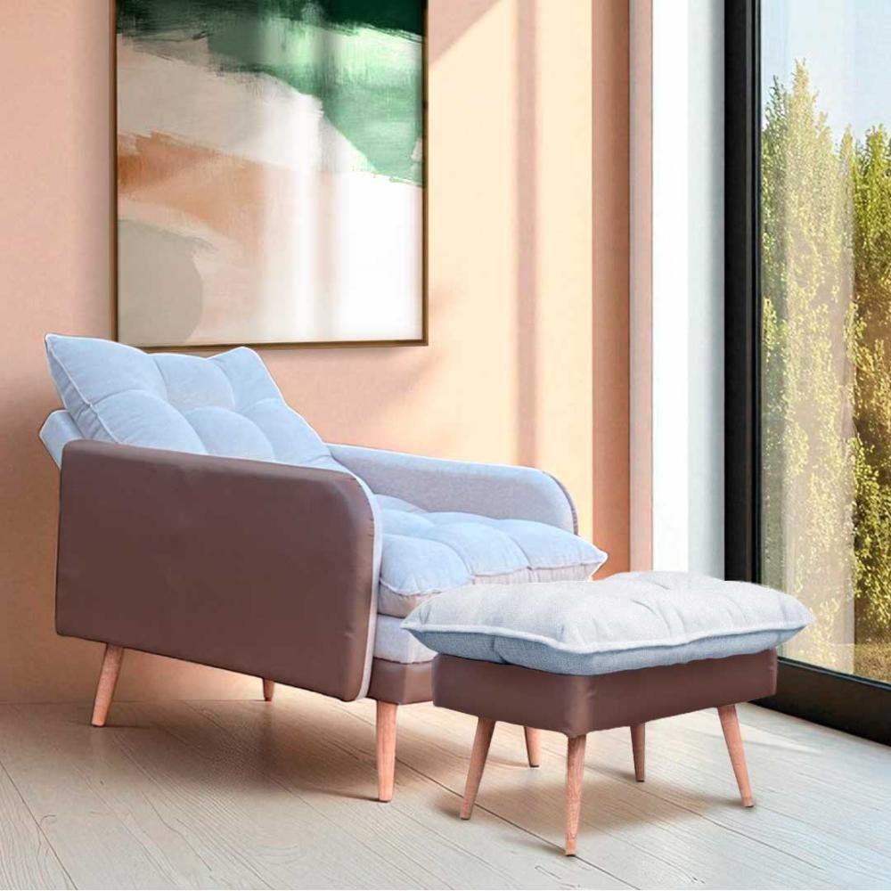 Poltrona Reclinável Em 3 Posições Com Puff Em Linho Premium Bege/caramelo Bege/caramelo C/puff Roma - 1