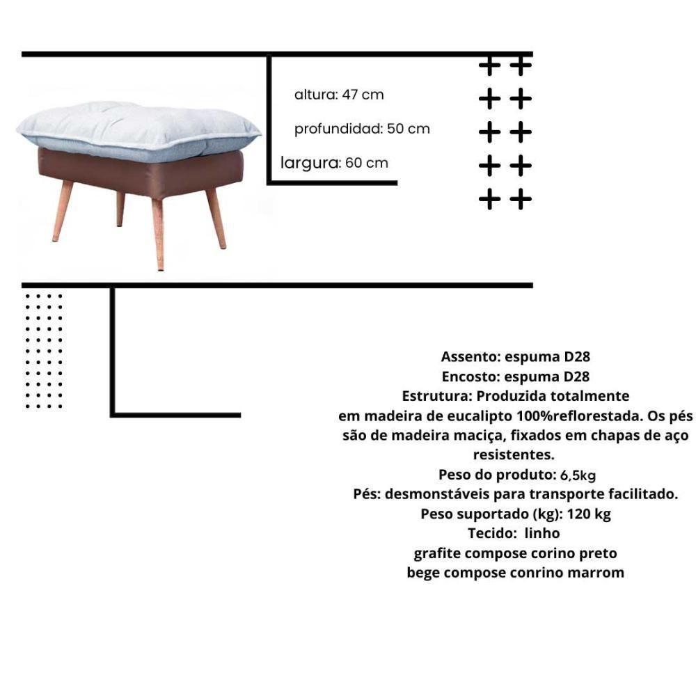 Poltrona Reclinável Em 3 Posições Com Puff Em Linho Premium Bege/caramelo Bege/caramelo C/puff Roma - 8
