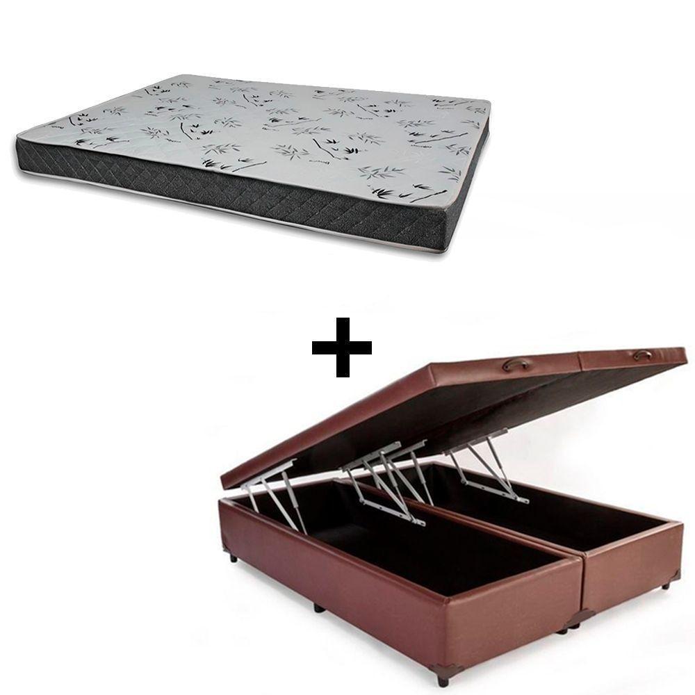 Cama Baú King 193 Tecido Sintético Marrom Com Colchão Miller - 100% Espuma - D33 Cinza 55x193x203 - 1