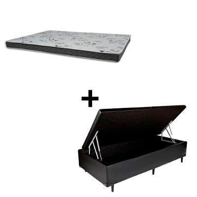 Cama Box Baú Solteiro 88 Tecido Sintético Preto Com Colchão Miller - 100% Espuma - D33 Cinza 54x88x188