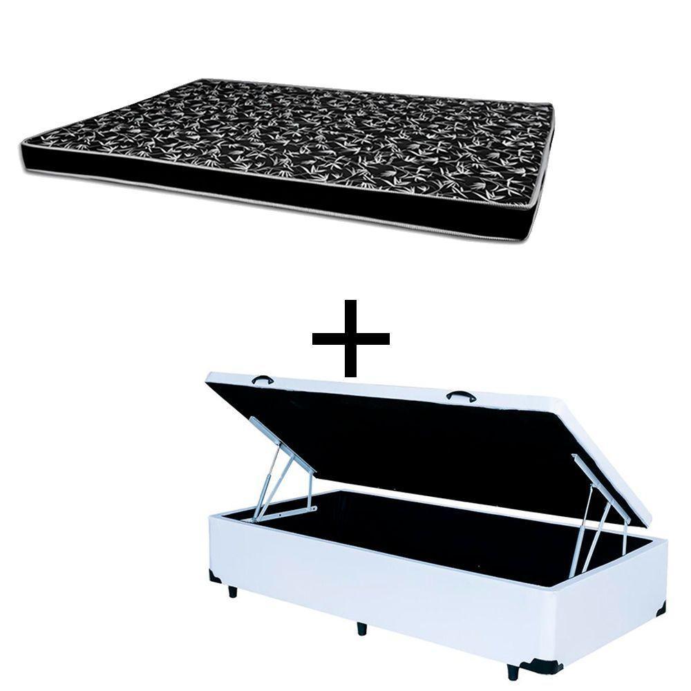 Cama Box Baú Solteiro 88 Tecido Sintético Branco Com Colchão Hamburgo - 100% Espuma - D28 Preto 55x88x188 - 1