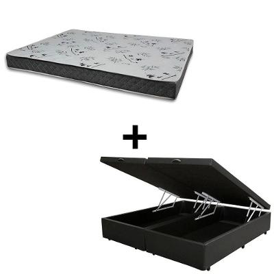 Cama Baú King 193 Tecido Sintético Preto Com Colchão Miller - 100% Espuma - D33 Cinza 55x193x203