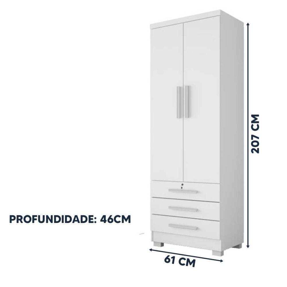 Guarda Roupa Solteiro Floripa 2 Portas 3 Gavetas Com Cabideiro Branco Repleta Branco - 2
