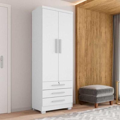 Guarda Roupa Solteiro Floripa 2 Portas 3 Gavetas Com Cabideiro Branco Repleta Branco