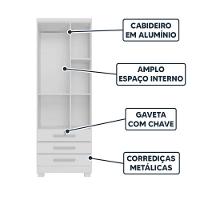 Guarda Roupa Solteiro Floripa 2 Portas 3 Gavetas Com Cabideiro Branco Repleta Branco - 3