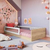 Cama Montessoriana Solteiro Com Grade De Proteção Aveiro Oak Branco Repleta Aveiro Oak Branco - 1