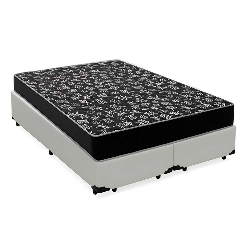 Cama Box King 193 Tecido Sintetico Branco Com Colchão Espuma D20 - Tampo Preto 12cm - 1