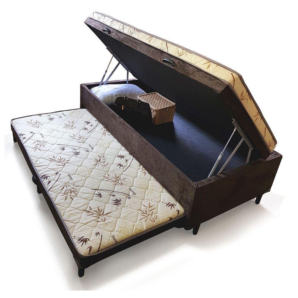 Cama Box Baú Solteiro Conjugado Espuma Com Cama Auxiliar Bicama 3 Em 1 Suede Marrom - 1