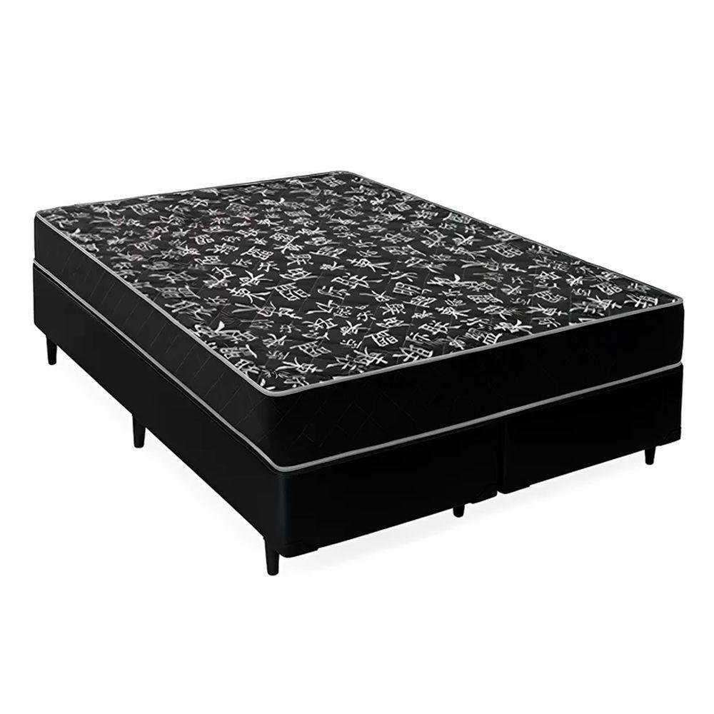 Cama Box Queen 158 Tecido Sintético Preto Com Colchão Espuma D20 - Tampo Preto 12cm - 1