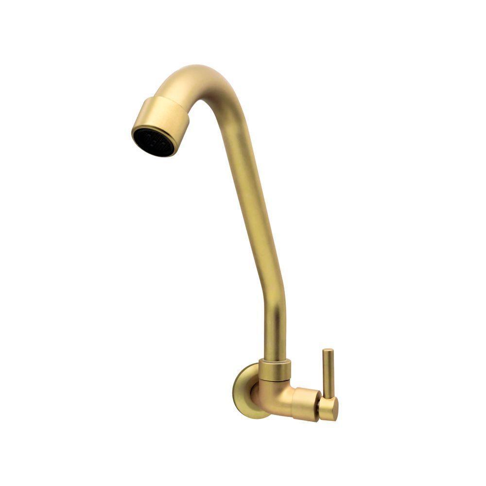 Torneira Cozinha Parede Dourada Fosco 1/4 Volta Bica Móvel Metal Luxo - 1