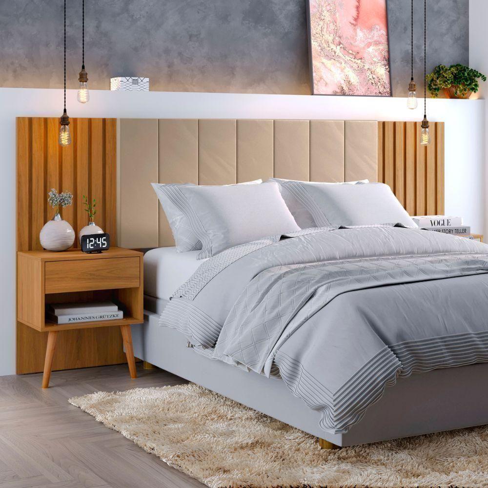 Cabeceira Queen Extensivel Estofada Com Mesa De Cabeceira - 2