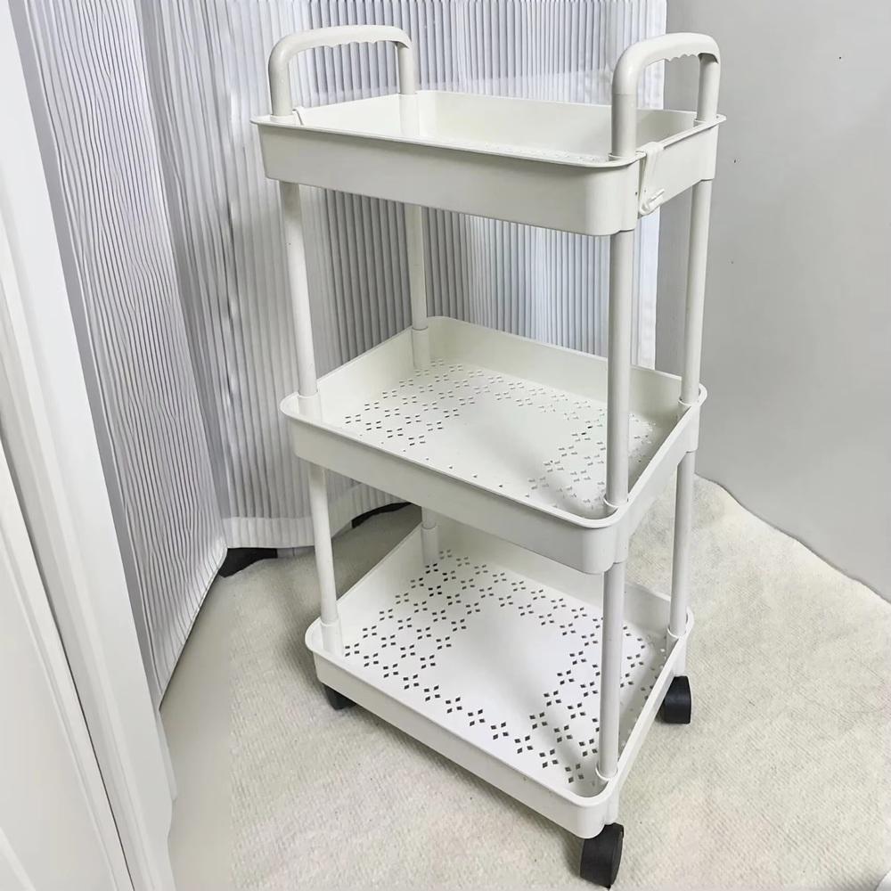 Carrinho Organizador 3 Prateleiras Multiuso Auxiliar Papelaria Cozinha Banheiro Escritorio Gancho Rodinhas Branco - 3