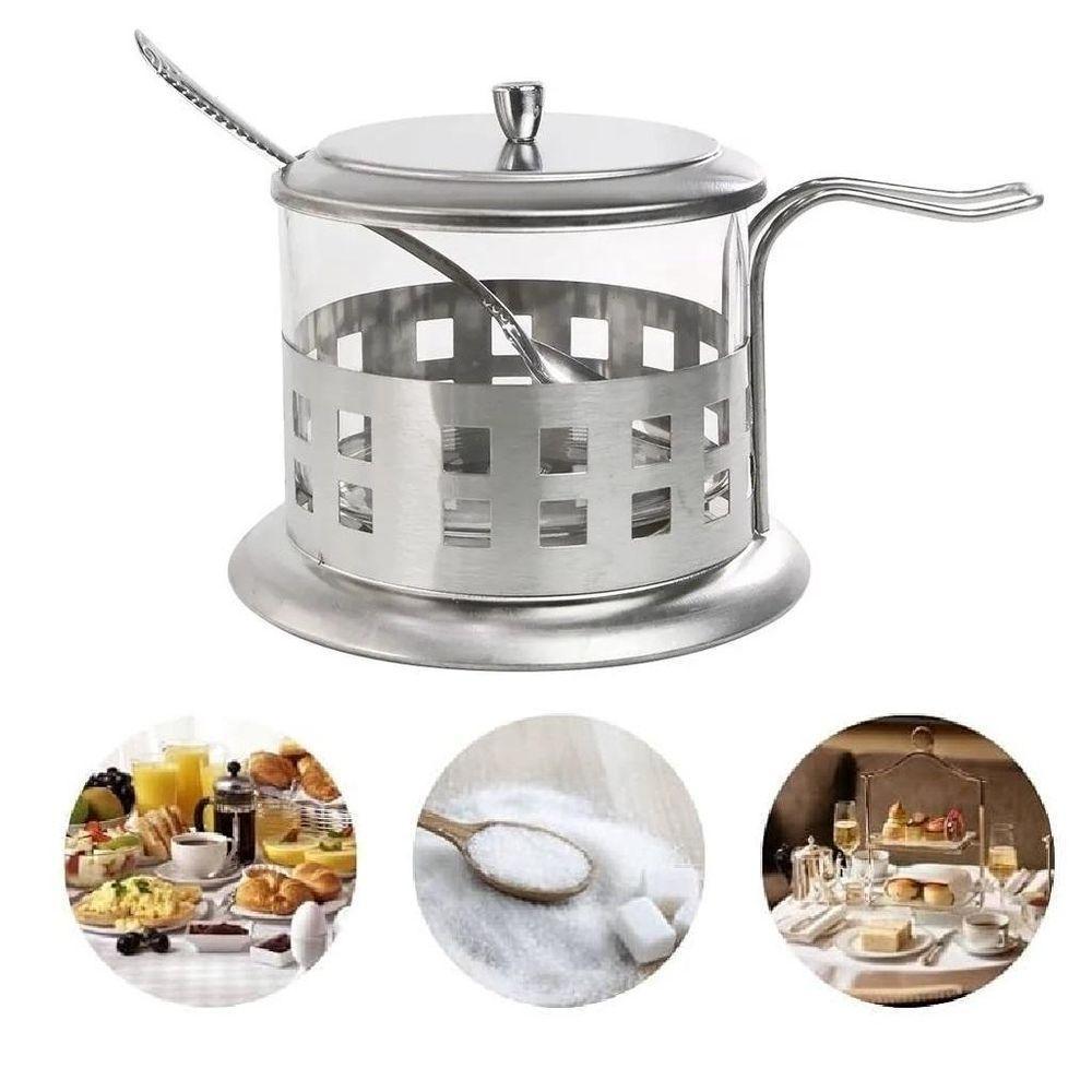 Acucareiro Inox Vidro Prata Kit Completo Luxo Colher Tampa Removivel Porta Acucar Sal Pote Alca Cha Cafe - 1