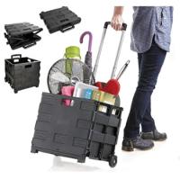 Carrinho Compras Dobravel 45kg Transporte Cesto Multiuso Tampa Feira Ferramentas Roda Vira Maleta