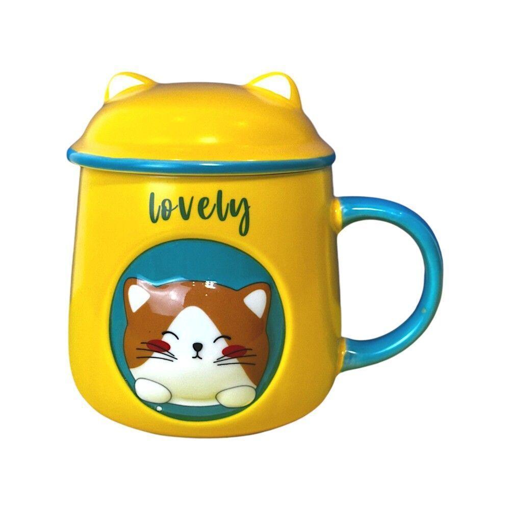 Caneca Gatinha Amarela 3d Com Tampa E Colher - Charme E Praticidade Para Seu Café! - 2