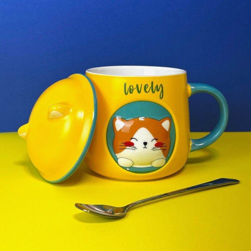Caneca Gatinha Amarela 3d Com Tampa E Colher - Charme E Praticidade Para Seu Café! - 4