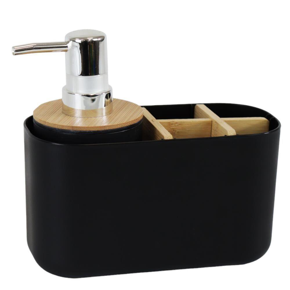 Organizador Chic Para Banheiro Com Dispenser Pump Em Bambu E Plástico Preto 280ml - 1