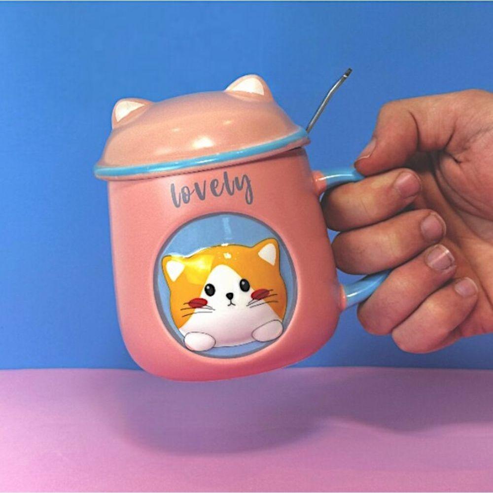 Caneca 3d Gatinho Rosa Com Tampa E Colher - Aconchego E Charme Para Suas Bebidas - 1