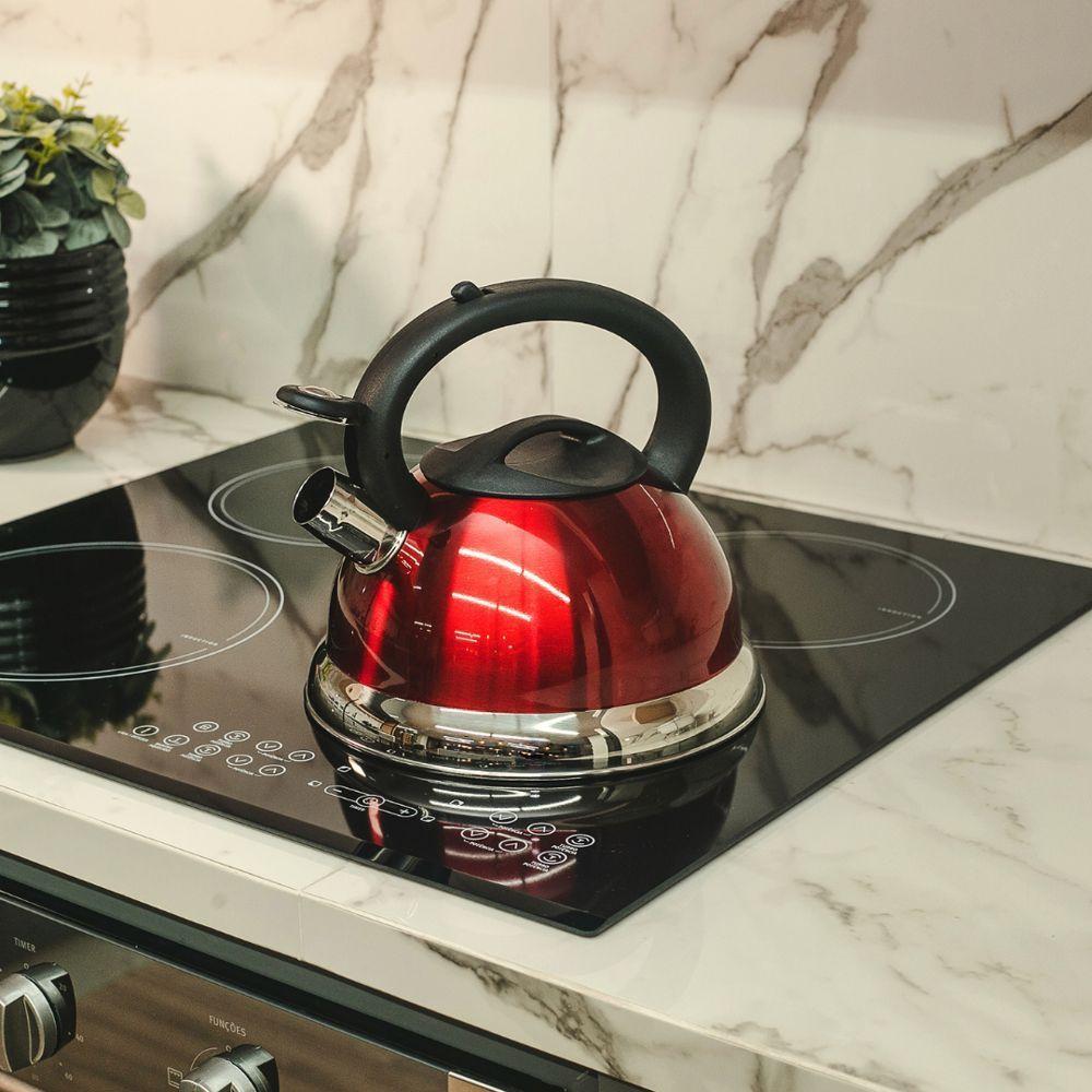 Chaleira Elegante Vermelha Em Inox Com Apito E Fundo Duplo Para Todos Os Fogões - 1