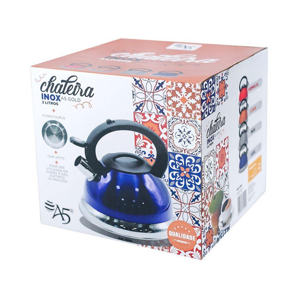 Chaleira Moderna Azul Inox Com Apito E Fundo Duplo - 3l Para Todos Os Fogões - 2