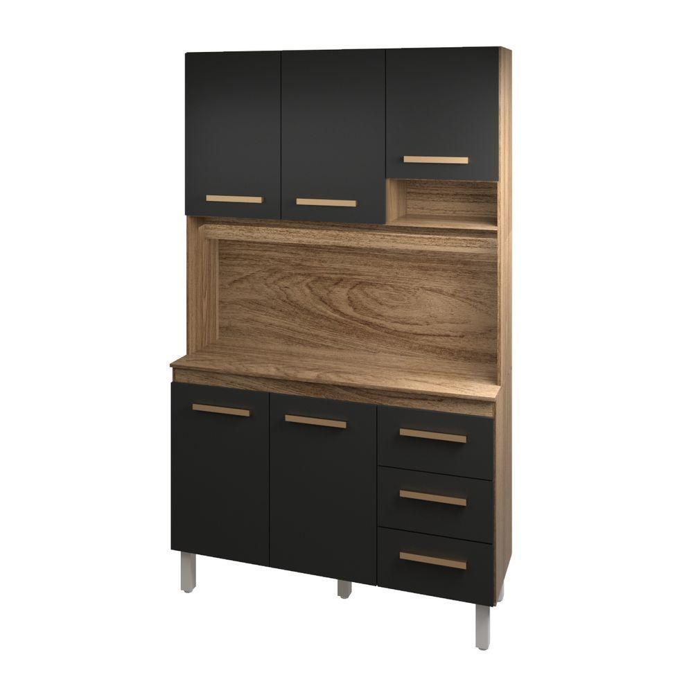 Cozinha Compacta Vivian 120cm 5 Portas 3 Gavetas Armário Aéreo E Balcão Savana Preto - 4