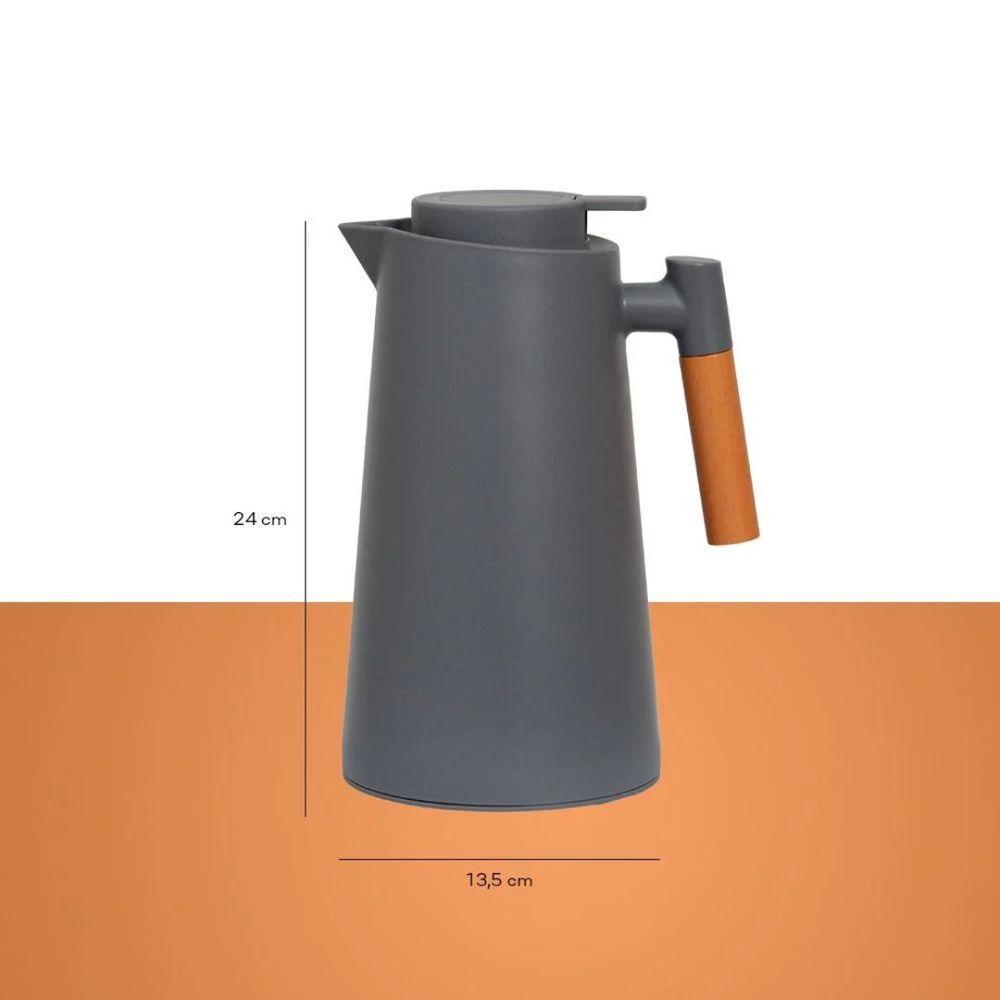 Garrafa Térmica Design Cabo Madeira Botão Abre Fácil Cinza - Vivaflor Decor - 3