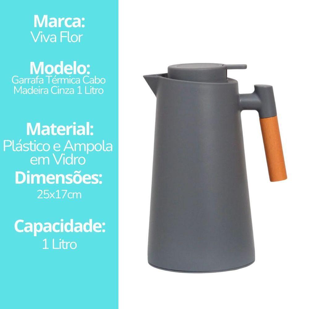 Garrafa Térmica Design Cabo Madeira Botão Abre Fácil Cinza - Vivaflor Decor - 5