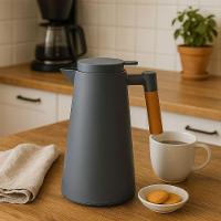 Garrafa Térmica Design Cabo Madeira Botão Abre Fácil Cinza - Vivaflor Decor - 2