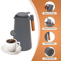 Garrafa Térmica Design Cabo Madeira Botão Abre Fácil Cinza - Vivaflor Decor