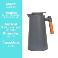 Garrafa Térmica Design Cabo Madeira Botão Abre Fácil Cinza - Vivaflor Decor - 5