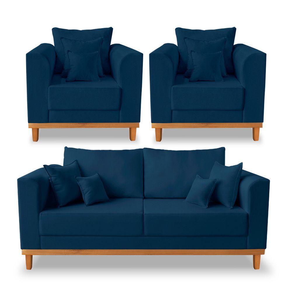 Kit Sofá 3 Lugares E 2 Poltronas Beny Viena Linho Azul - 1