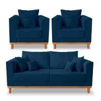 Kit Sofá 3 Lugares E 2 Poltronas Beny Viena Linho Azul - 1