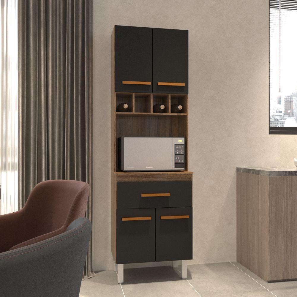 Armário Paneleiro Vivian Com Adega 4 Portas 1 Gaveta Cozinha Compacta Savana Preto - 5