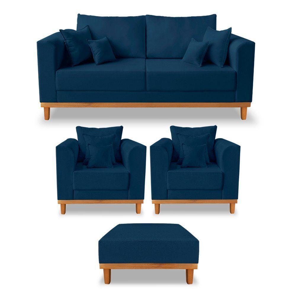Kit Sofá 3 Lugares E 2 Poltronas Beny + Puff Isa Linho Azul - 1