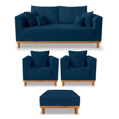 Kit Sofá 3 Lugares E 2 Poltronas Beny + Puff Isa Linho Azul