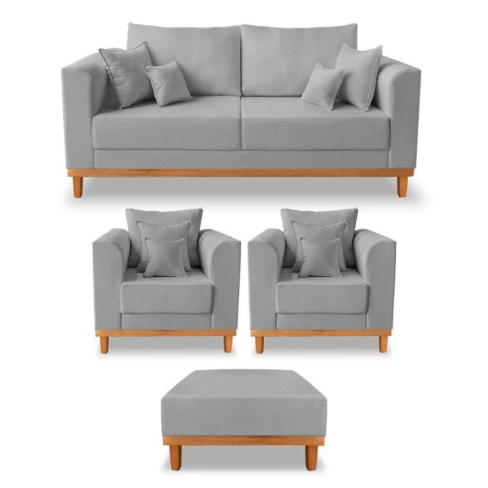 Kit Sofá 3 Lugares E 2 Poltronas Beny + Puff Isa Linho Cinza - 1