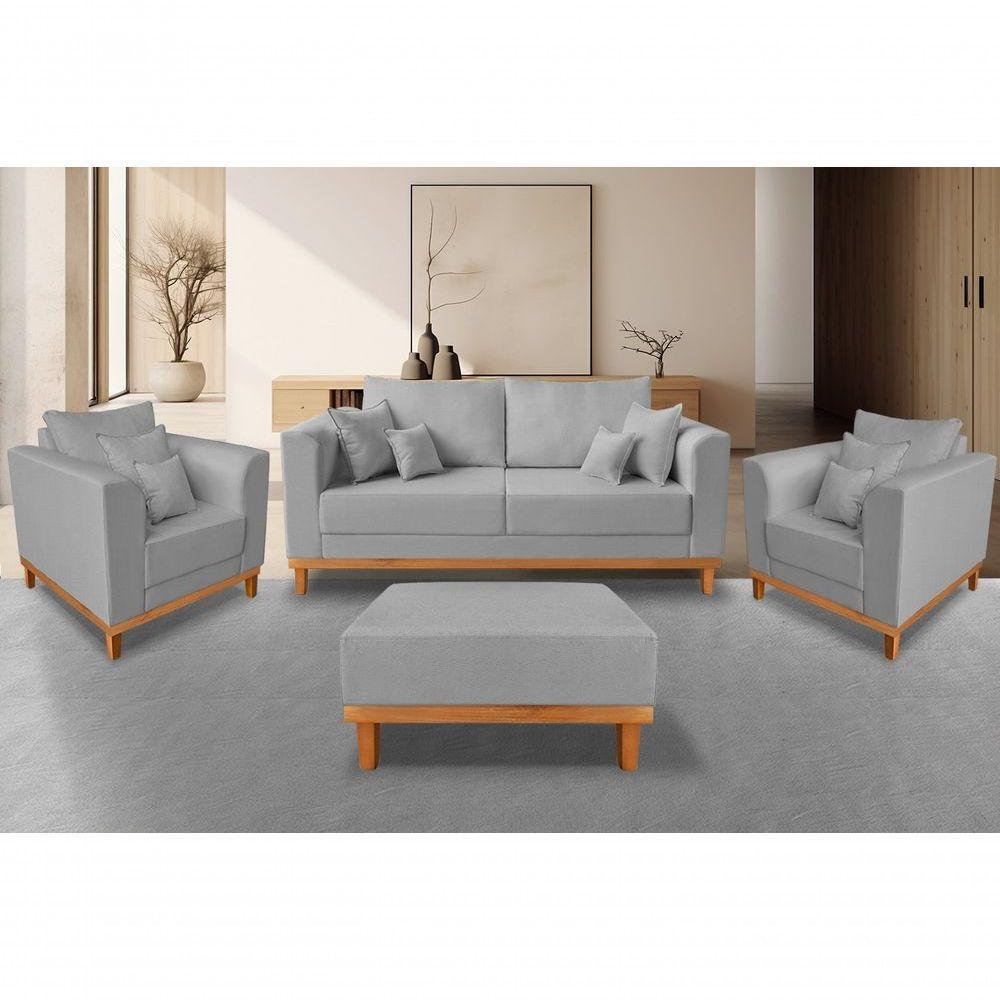 Kit Sofá 3 Lugares E 2 Poltronas Beny + Puff Isa Linho Cinza - 2