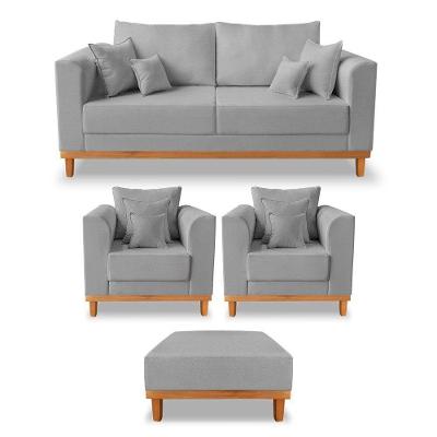 Kit Sofá 3 Lugares E 2 Poltronas Beny + Puff Isa Linho Cinza