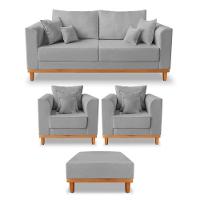 Kit Sofá 3 Lugares E 2 Poltronas Beny + Puff Isa Linho Cinza - 1