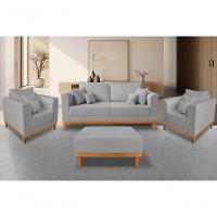 Kit Sofá 3 Lugares E 2 Poltronas Beny + Puff Isa Linho Cinza - 2