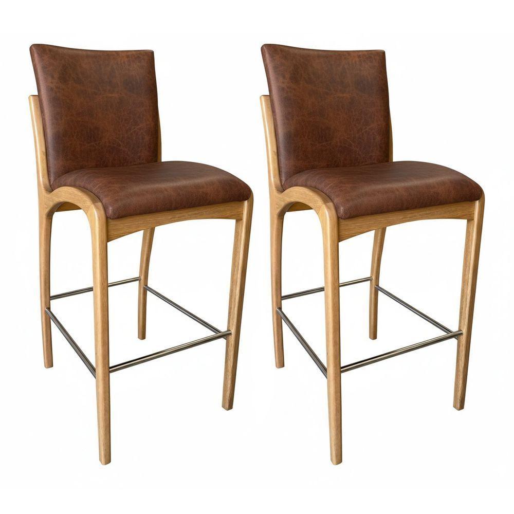 Kit 2 Banqueta Aura Alta Madeira Maciça E Courino Marrom Design Moderno Conforto Com Apoio Para Pés Mobília Decor - 2