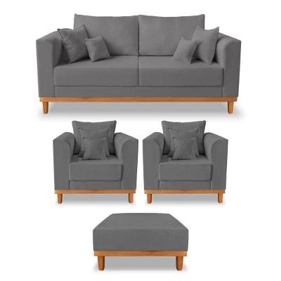 Kit Sofá 3 Lugares E 2 Poltronas Beny + Puff Isa Linho Grafite