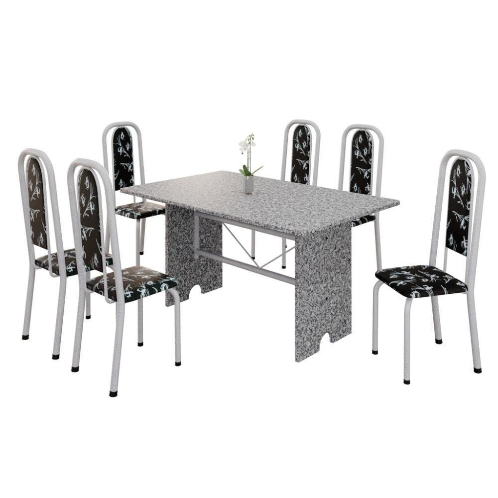 Conjunto De Mesa Tubular 6 Cadeiras 140x75cm Mart Perola Com Tampo Em Granito Ocre Letícia 070 - Tudo De Móveis Botanic Bege - 1
