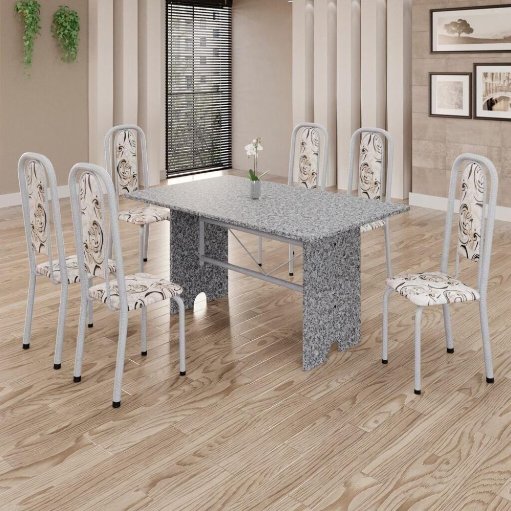 Conjunto De Mesa Tubular 6 Cadeiras 140x75cm Mart Perola Com Tampo Em Granito Ocre Letícia 070 - Tudo De Móveis Botanic Bege - 6