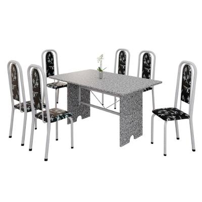 Conjunto De Mesa Tubular 6 Cadeiras 140x75cm Mart Perola Com Tampo Em Granito Ocre Letícia 070 - Tudo De Móveis Botanic Bege