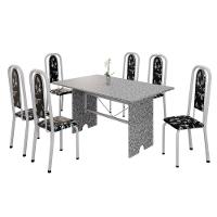 Conjunto De Mesa Tubular 6 Cadeiras 140x75cm Mart Perola Com Tampo Em Granito Ocre Letícia 070 - Tudo De Móveis Botanic Bege - 1